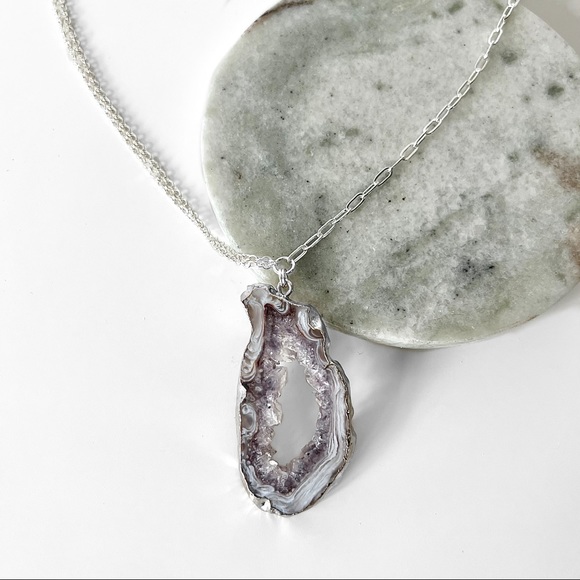NEW Artisan Lavender Quartz Stone Slice Pendant on Sterling Silver Chain - Picture 3 of 13